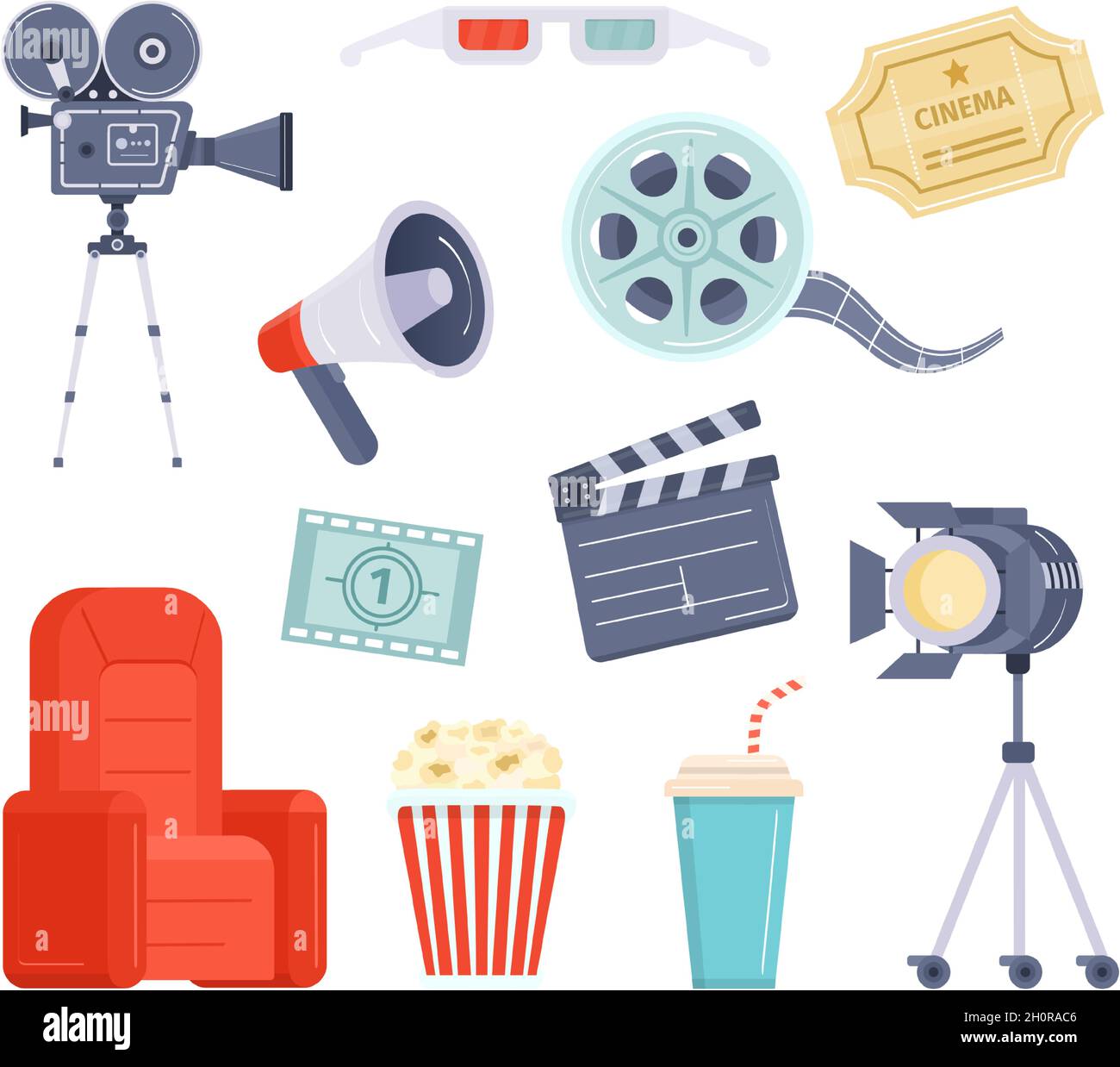 Flat Movie Watching und Production Element, Kinokarte, Film und Popcorn. Cartoon-Videokamera, Regisseur Megaphon und Klapper Vektor-Set Stock Vektor