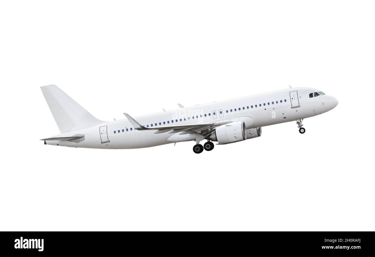 Modernes Passagierflugzeug während des Fluges, isoliert auf weißem Hintergrund, Seitenansicht aus der Nähe Stockfoto