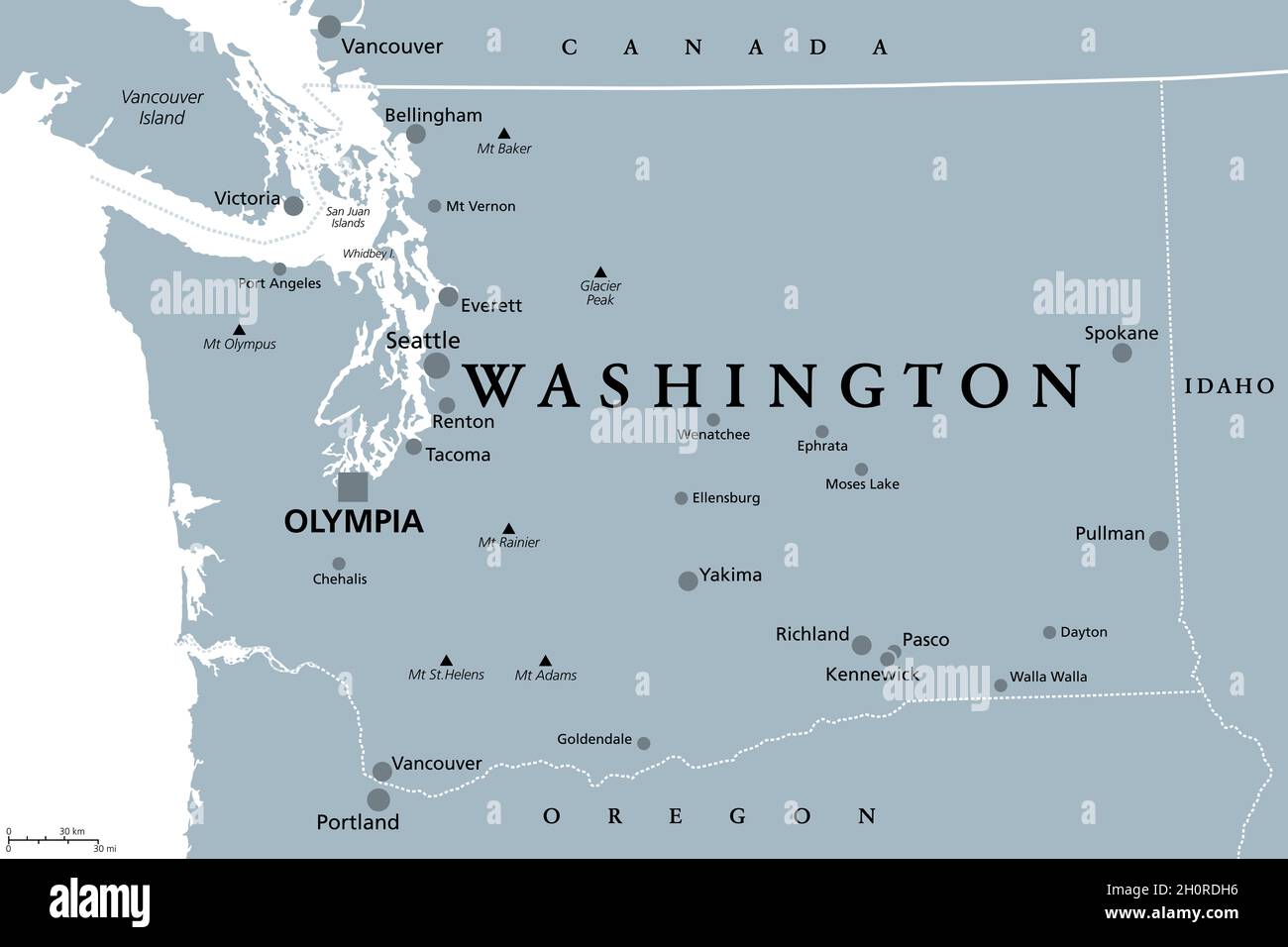 Washington, WA, graue politische Landkarte, mit Hauptstadt Olympia. Staat in der pazifischen Nordwestregion der westlichen Vereinigten Staaten von Amerika. Stockfoto