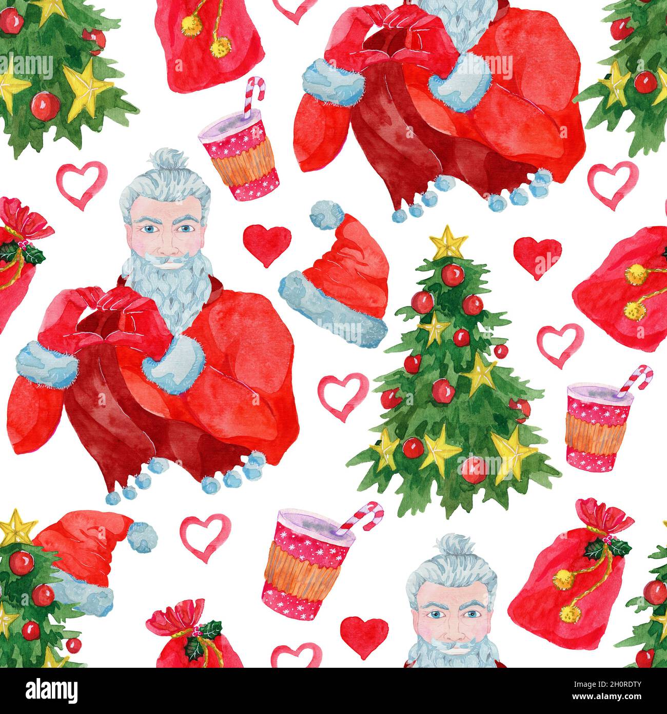 Nahtloses Muster mit coolem Weihnachtsmann als Hipster mit Herzsymbol, dekorierter Nadelbaum, Tasse und Geschenktüte vor weißem Hintergrund. Aquarell i Stockfoto
