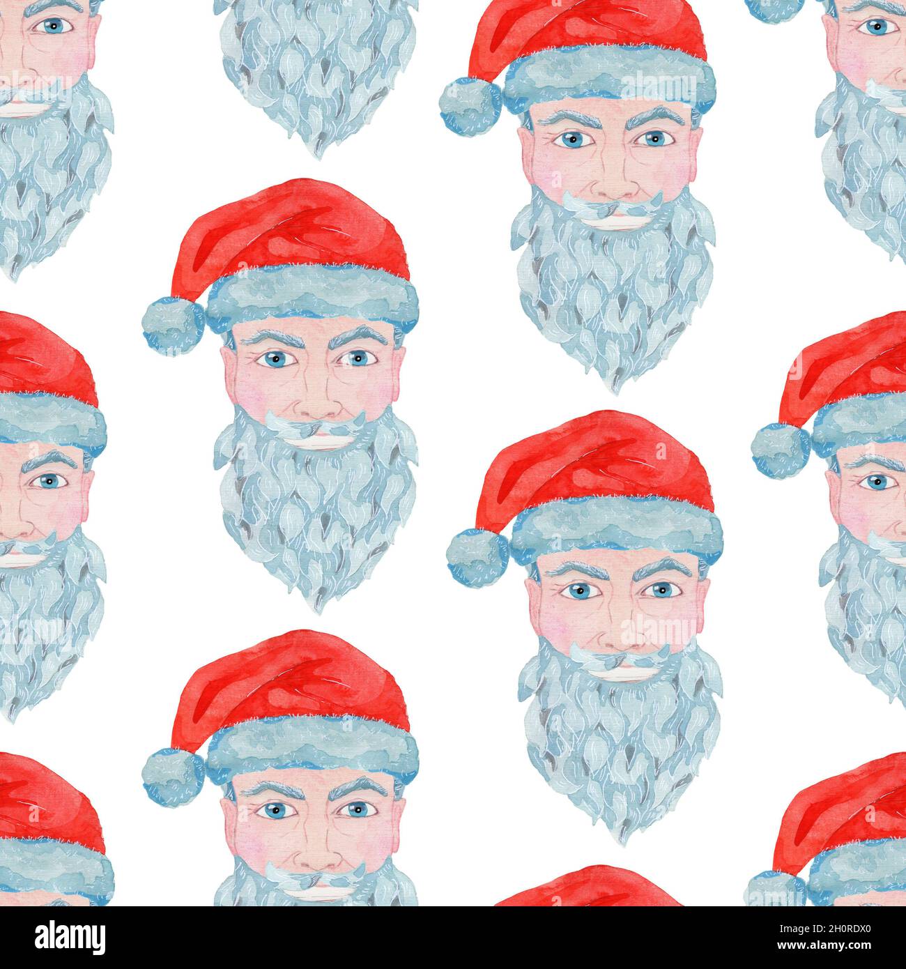 Nahtloses Muster mit hübscher Weihnachtsmann-Kopffigur auf weißem Hintergrund. Aquarell-Illustration mit Winterferien, Neujahr und Weihnachten Konz Stockfoto