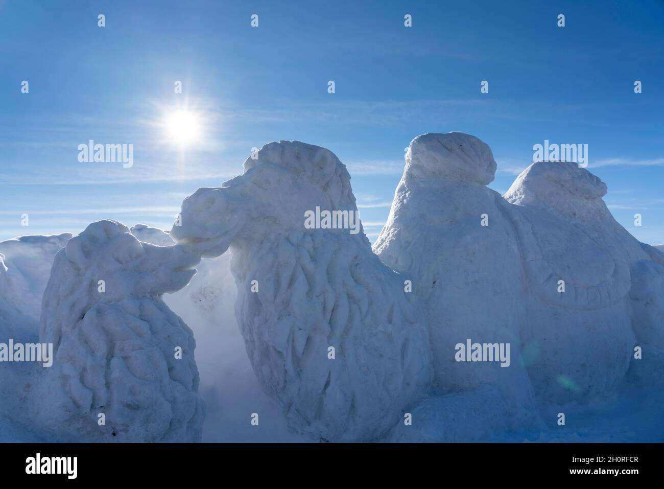 Ausstellung von Eisstatuen in Pustevny in kovidierter Zeit (CTK Photo/Ondrej Zaruba) Stockfoto