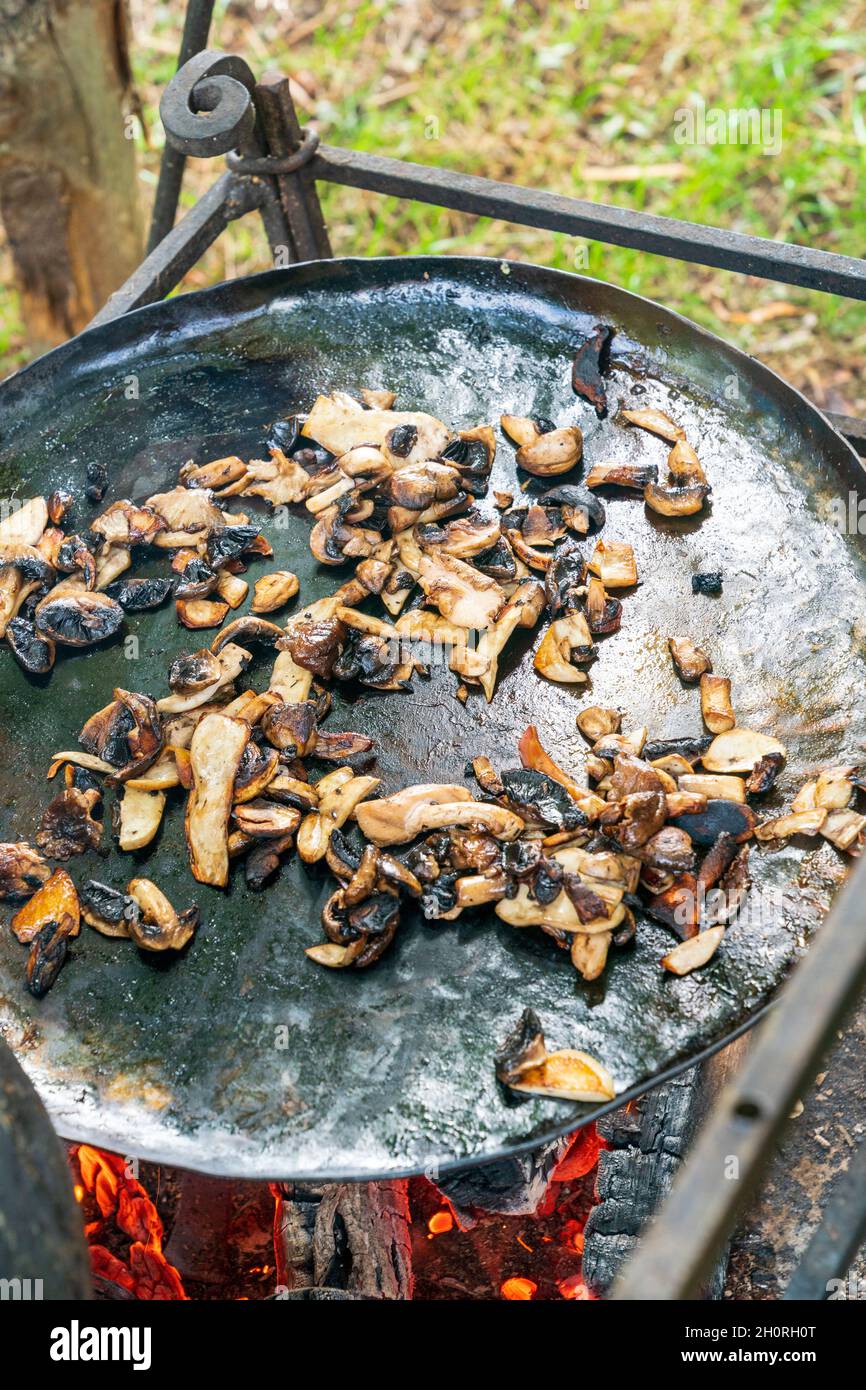 Pilze kochen auf einer großen Metallpfanne über einem Holzfeuer während eines mittelalterlichen Nachinszenierungstages. Nahaufnahme der Pilze in der Pfanne. Stockfoto