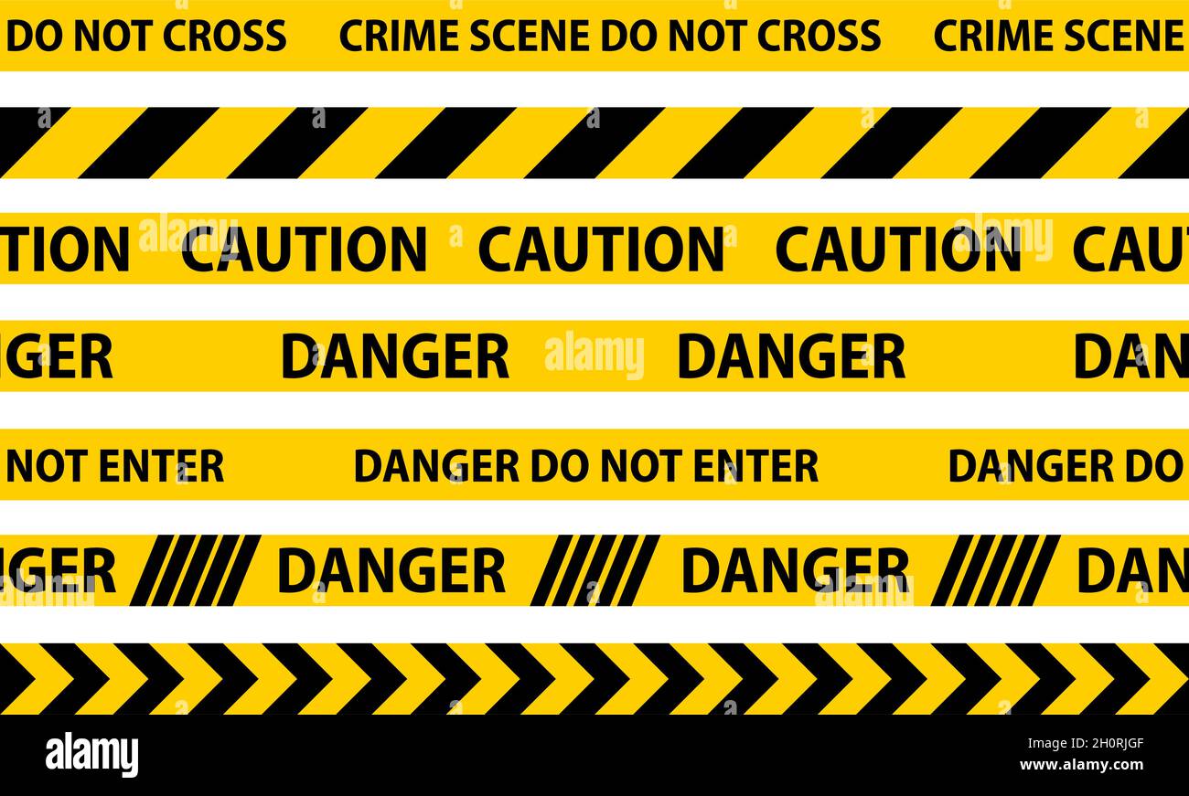 Nahtlose Bänder mit Gefahr, Vorsicht und Warnung. Schwarze und gelbe Streifengrenze der Polizei. Abbildung des Verbrechensvektors. Stock Vektor