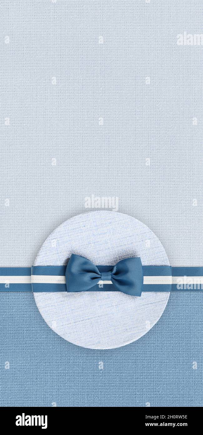 Geschenkkarte, blaue Geschenkbox und weiße Schleife, isoliert auf blauem und grauem Stoffhintergrund, Draufsicht und Kopie Raumvorlage, Layout nützlich für beste w Stockfoto