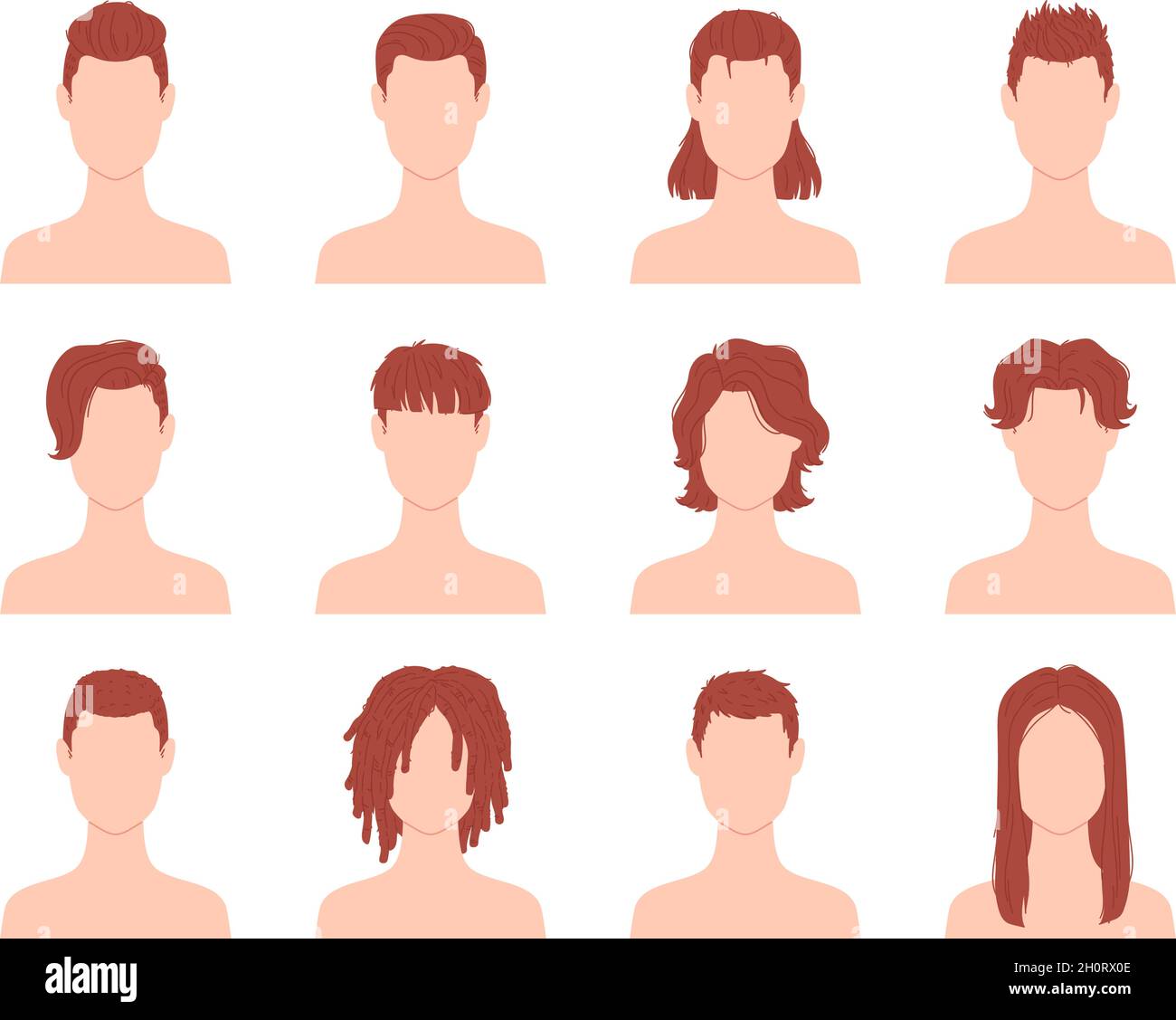 Cartoon-Frisuren für Männer oder Jungen mit kurzen, langen und lockigen Haaren. Männlicher Haarschnitt im Friseursalon. Flache Mode Mann Frisur Symbol Vektor-Set Stock Vektor