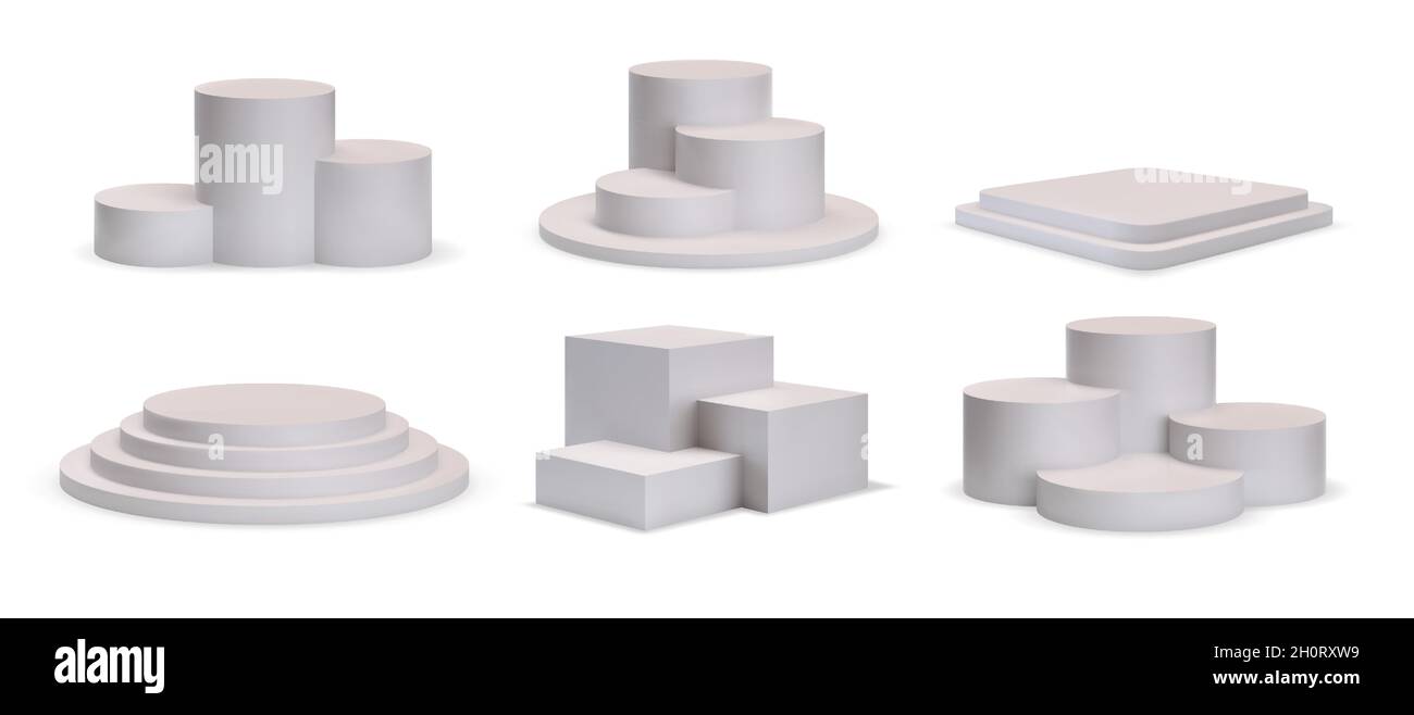 weiße quadratische und runde 3D-Podestplattformen für Produktshows. Realistische Bühne mit Stufen, Siegerpodest oder Showstand-Mockup-Vektor-Set Stock Vektor
