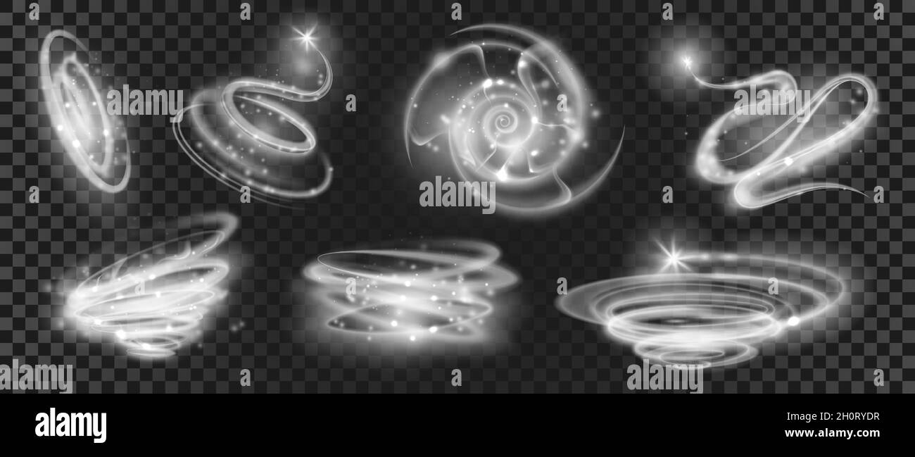 Leuchtendes weißes magisches Licht mit Glitzereffekt. Wirbel, Kreis, Wirbel und Spirale des Glanzes. Stern oder Komet mit Bewegungswegenvektor Stock Vektor