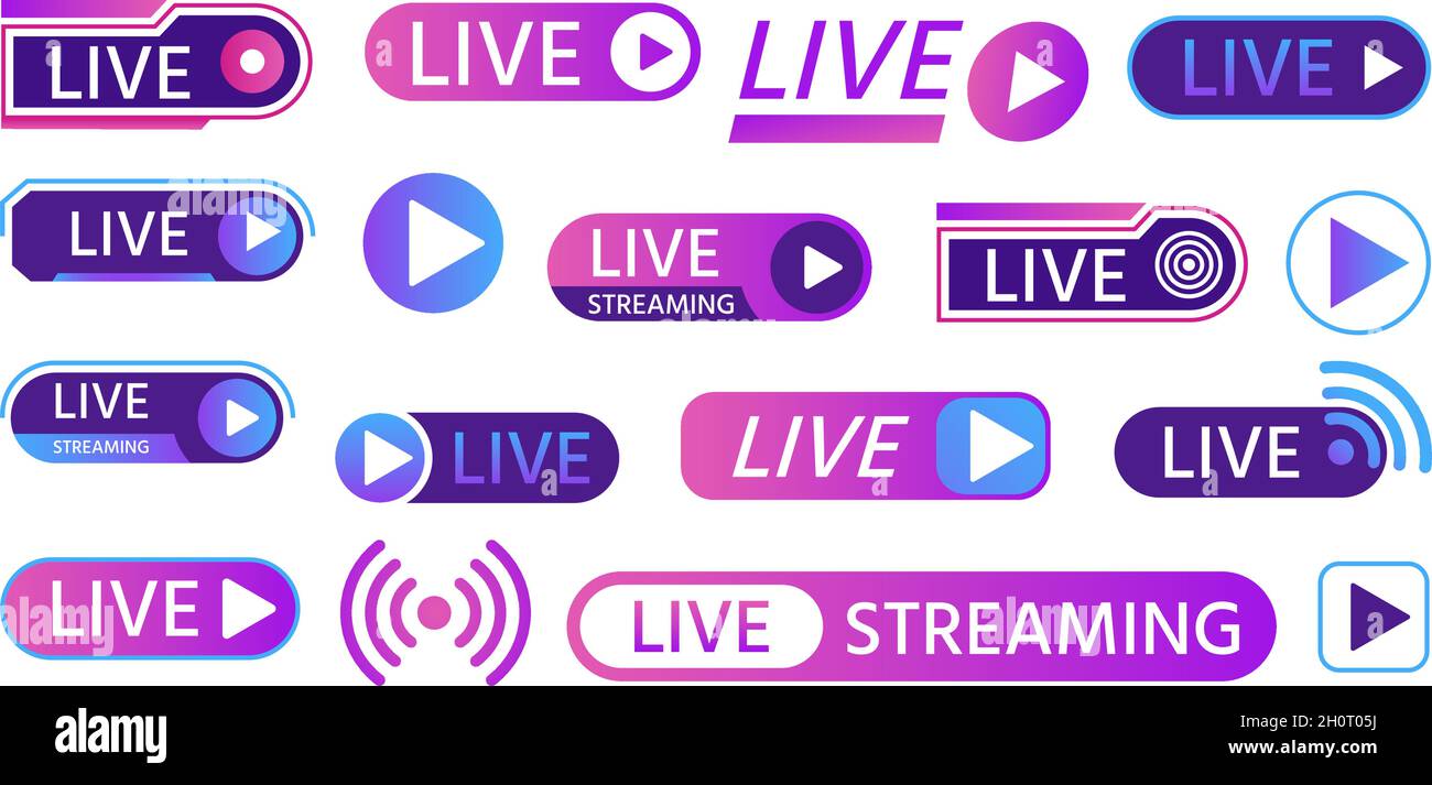 Live-Symbole für das Streamen von Spielen, fernsehsendungen, Sendungen oder Nachrichten auf Sendung. Schaltflächen und Balken für Social Media, Online-Living-Video-Event-Vektor-Set Stock Vektor