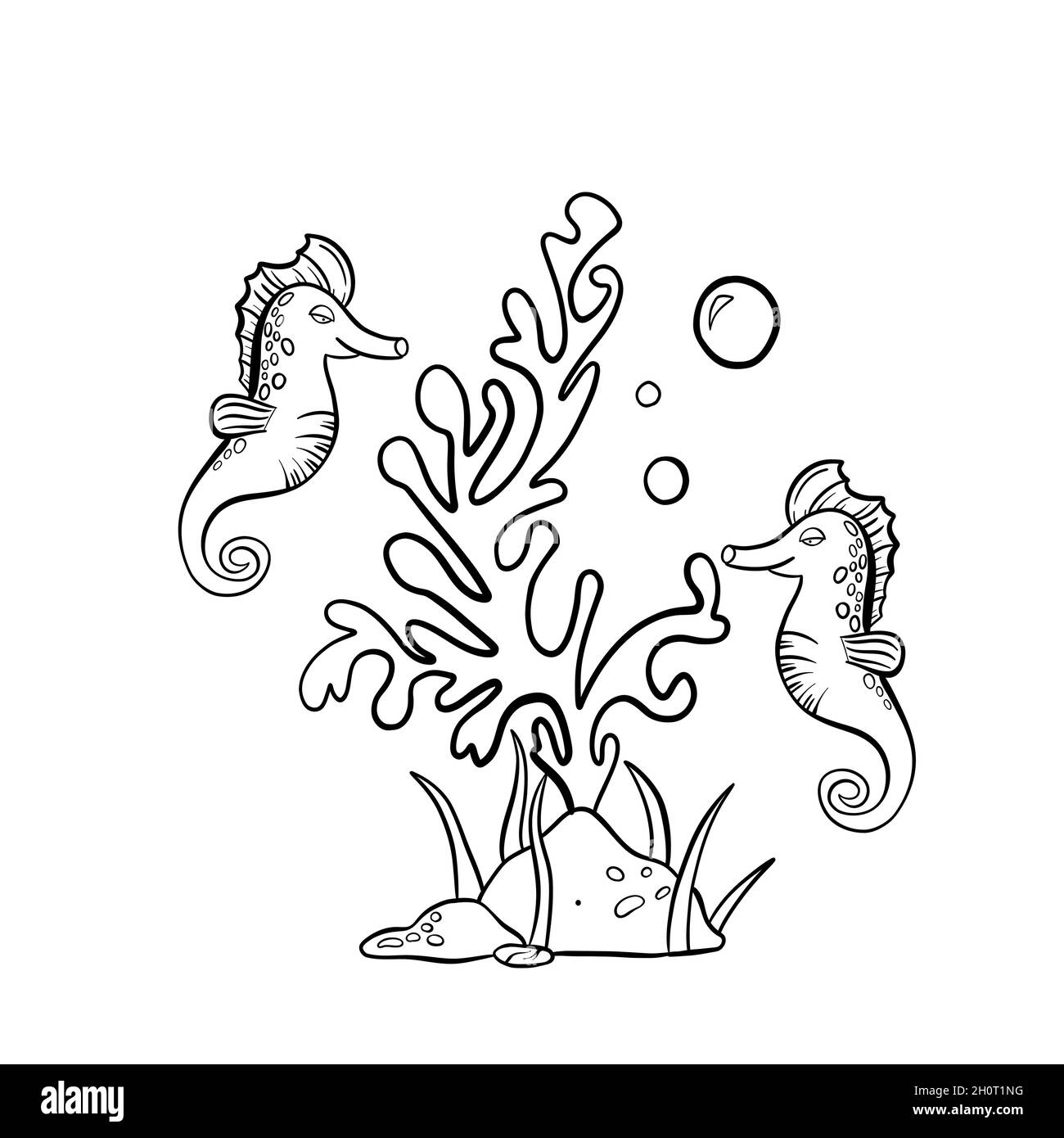 Handgezeichneter Doodle mit Seepferd und Laminaria Stock Vektor