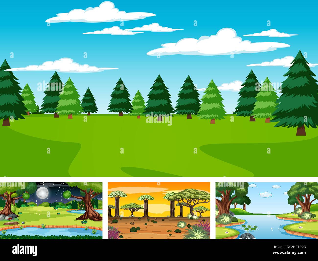 Vier verschiedene Szenen von Naturpark und Wald Illustration Stock Vektor