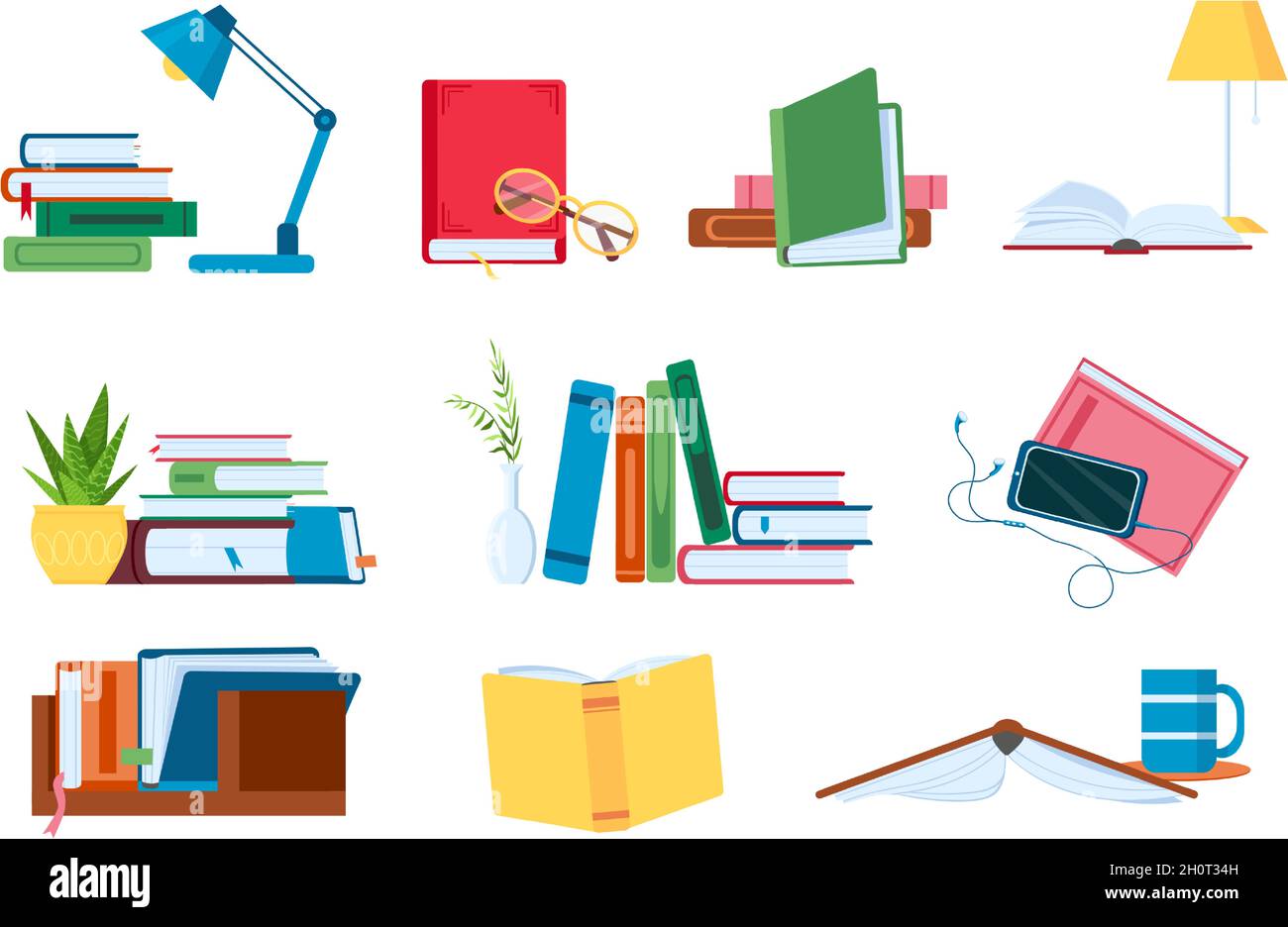 Lesen von Literatur, flachen Bücherstapeln und Stapeln zum Studieren. Offene und geschlossene Bücher mit Lampe. Buchhandlung, Schule oder Hörbuch Vektor-Konzept-Set Stock Vektor