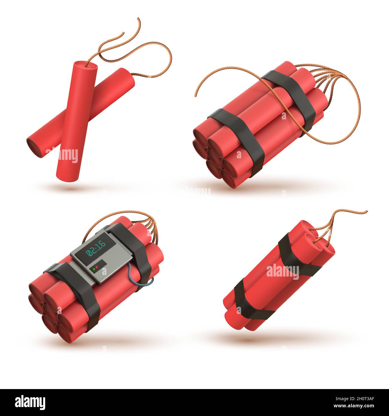 Realistische rote 3d-Dynamitbombe mit elektronischer Zeitschaltuhr-Detonator. TNT-Sticks mit Docht. Explosive Waffe, pyrotechnische, Feuerwerkskörper Vektor-Set Stock Vektor