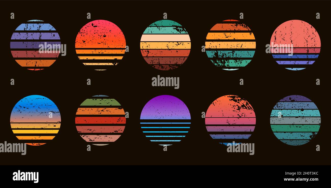 Retro 90s abstrakten Ozean Sonnenuntergang Kreis Abzeichen. Surf Beach Graphic Sunrise mit Gradienten und Grunge Textur. Neon vintage Sonnenuntergang Vektor-Set Stock Vektor