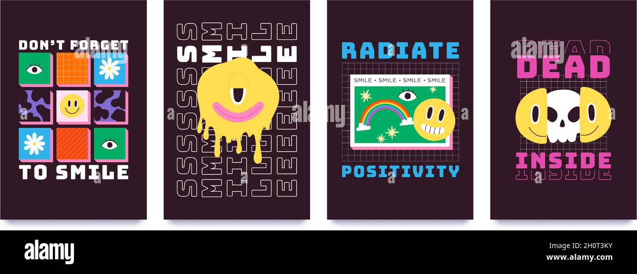 T-Shirt-Design mit psychedelischen Smiley-Gesichtern, Graffiti-Kunst. Emoji mit Totenkopf, Regenbogen und Slogan. Cooles 70er Jahre Groovy Prints Vektor-Set Stock Vektor