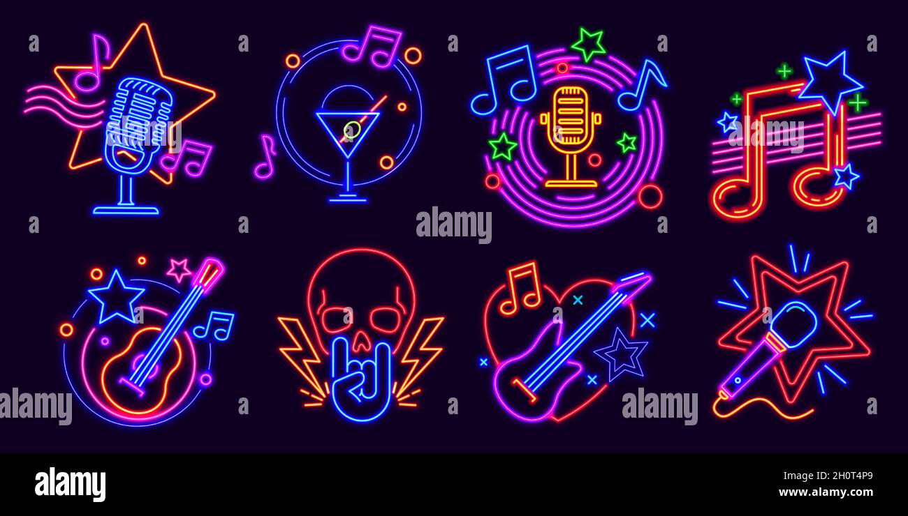 Neonschilder für Karaoke-Club und Stand-up-Comedy-Show. Music Party Night leuchtendes Logo mit Mikrofonen und Note. Karaoke-Bar-Ereignisvektor eingestellt Stock Vektor