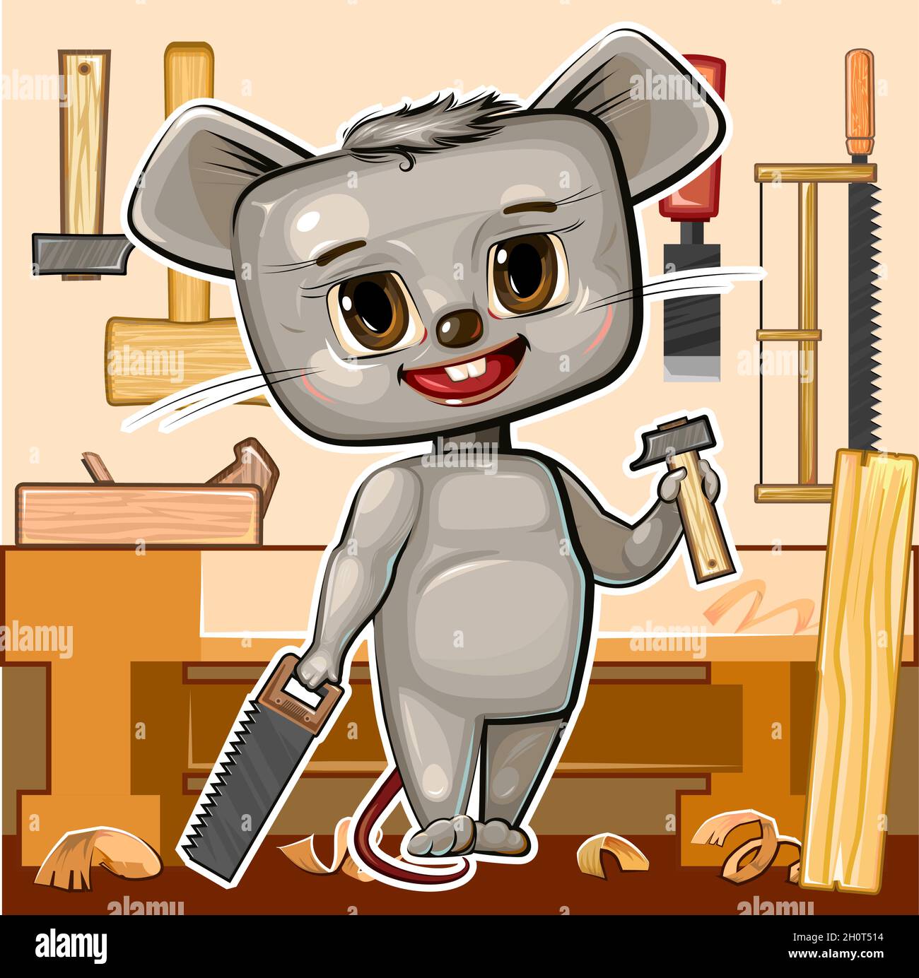 Niedliche Cartoon Maus auf der Werkbank in der Schreinerei mit einer Säge und einem Hammer. Flacher Style. Hilft Papa. Bild für Kinder. Witziges Kindertier. Vect Stock Vektor