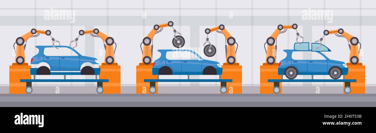 Industrie Roboterarm montieren Autos auf Förderband. Automobilfabrik automatisierte Herstellung. Flache Maschine Konstruktion Linie Vektor-Konzept Stock Vektor