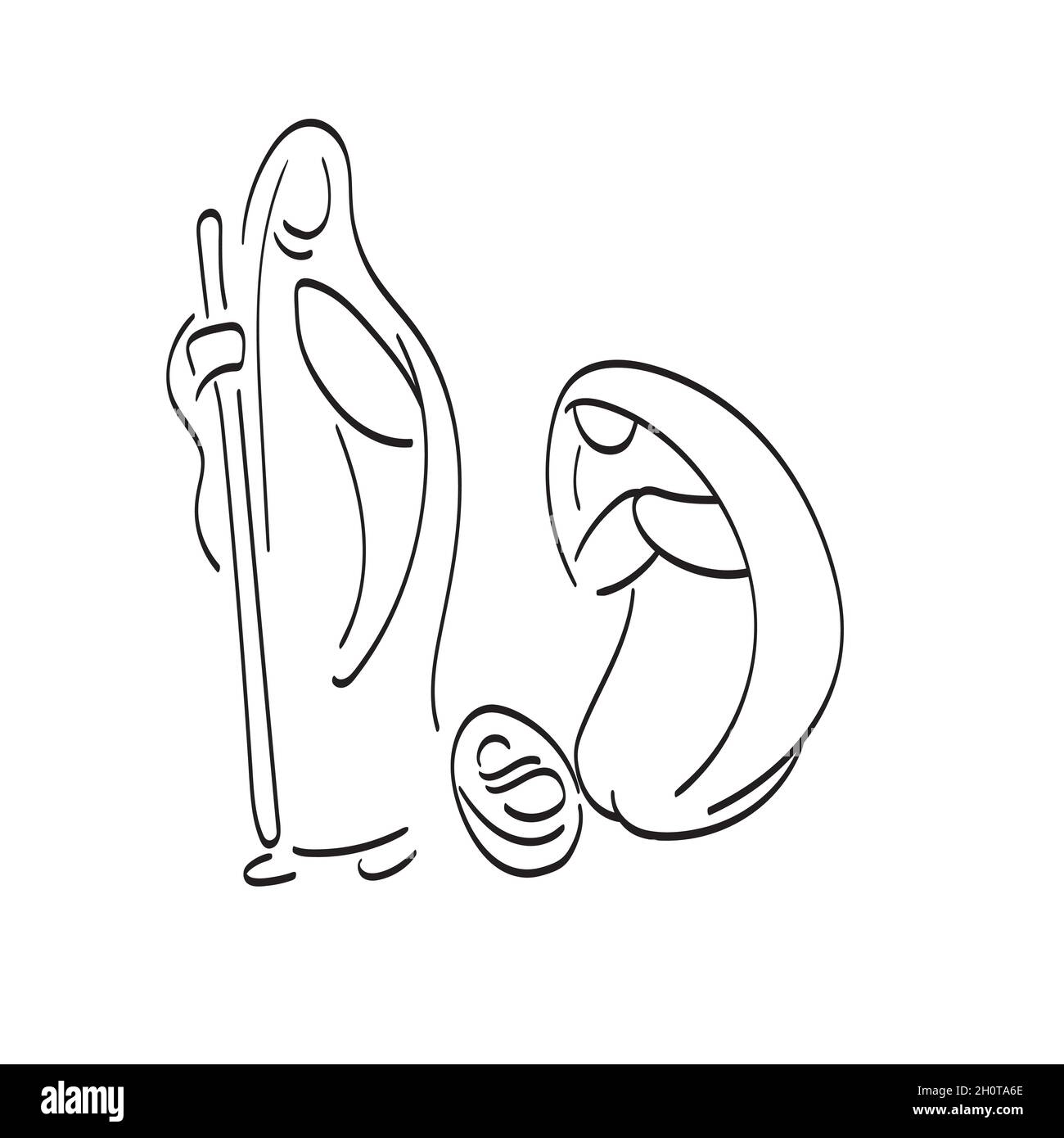 Weihnachtskrippe mit Maria, Joseph und Baby Jesus Hand gezeichnet mit schwarzen Linien Illustration Vektor Stock Vektor
