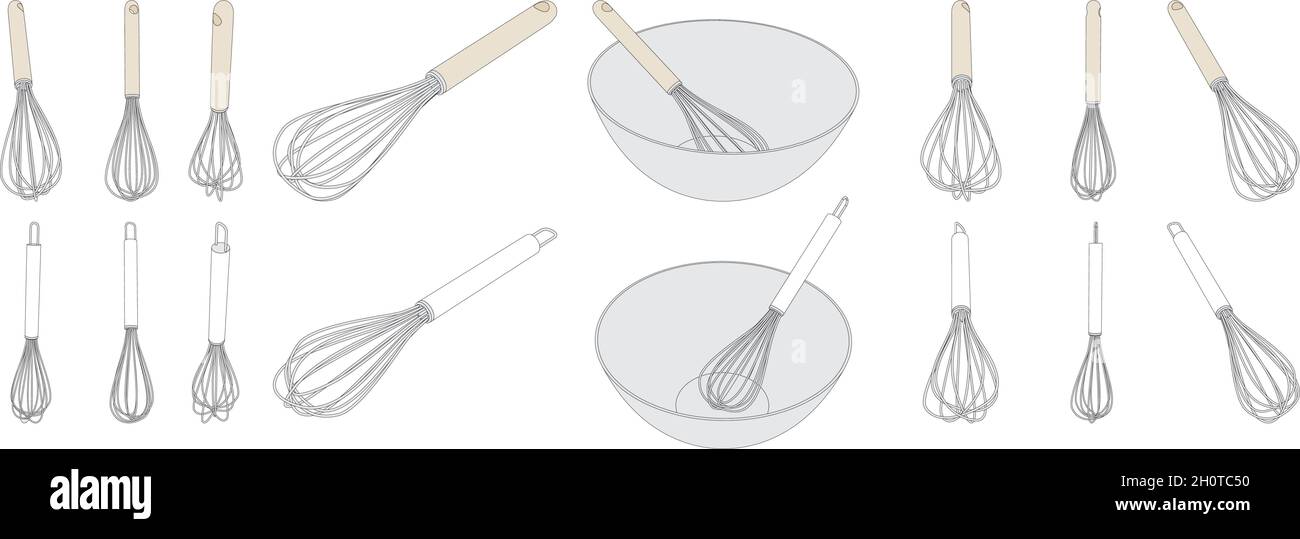 Vector Set von Schneebesen Handmixer, das Eierquirl-Werkzeug, isoliert auf Weiß Stock Vektor
