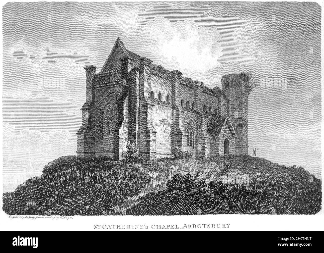 Eine Gravur der St Catherines Chapel, Abbotsbury, Dorsetshire UK, gescannt in hoher Auflösung aus einem Buch, das 1812 gedruckt wurde. Für urheberrechtlich frei gehalten. Stockfoto