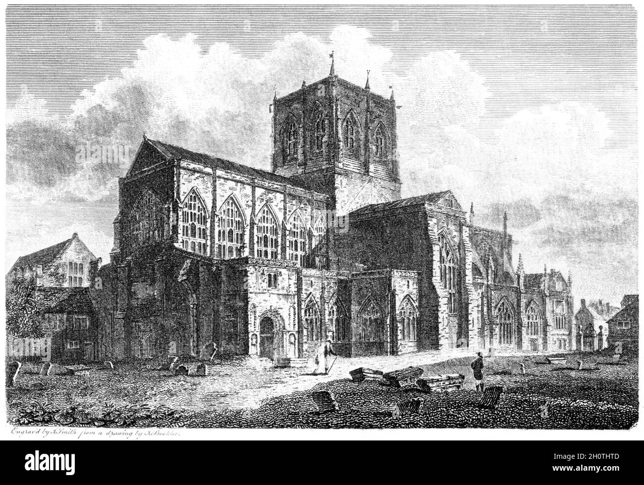 Ein Stich der St Marys Church, Sherborne, Dorsetshire UK, gescannt in hoher Auflösung aus einem Buch, das 1812 gedruckt wurde. Für urheberrechtlich frei gehalten. Stockfoto
