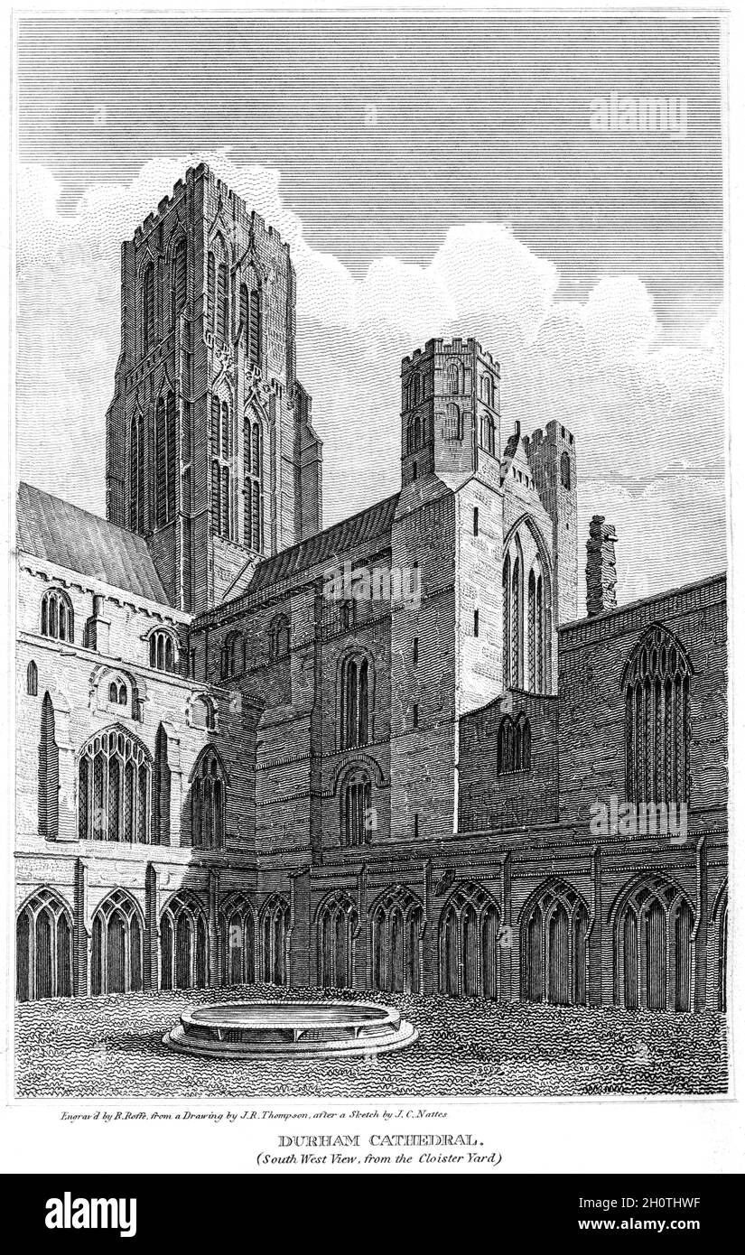 Eine Gravur der Kathedrale von Durham (South West View, from the Cloister Yard), die in hoher Auflösung von einem Buch aus dem Jahr 1812 gescannt wurde. Stockfoto