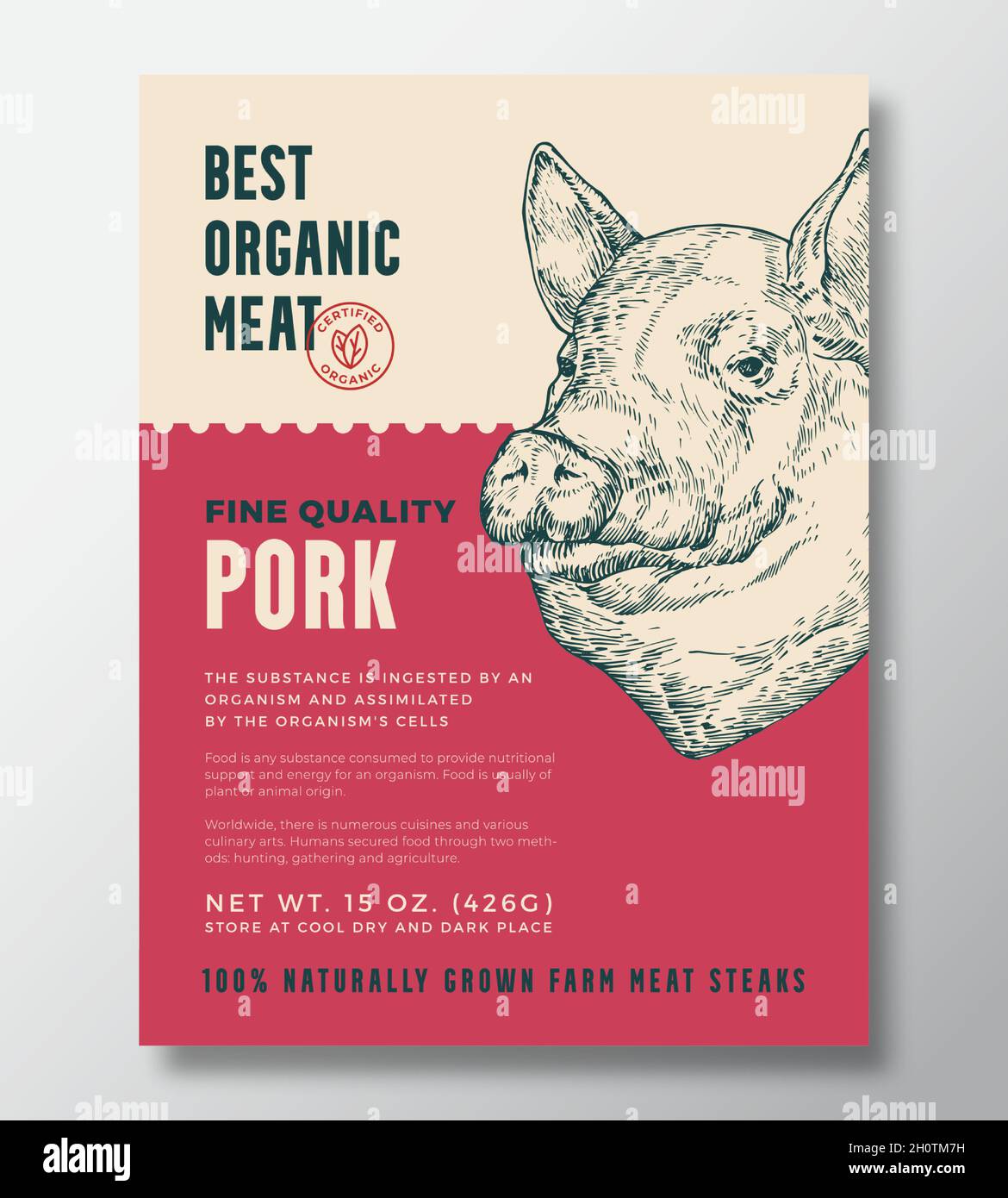 Tierporträt organisches Schweinefleisch Abstrakt Vektor Verpackung Design oder Etikett Vorlage. Farmgewachsene Steaks Banner Moderne Typografie und handgezeichnetes Schwein Stock Vektor