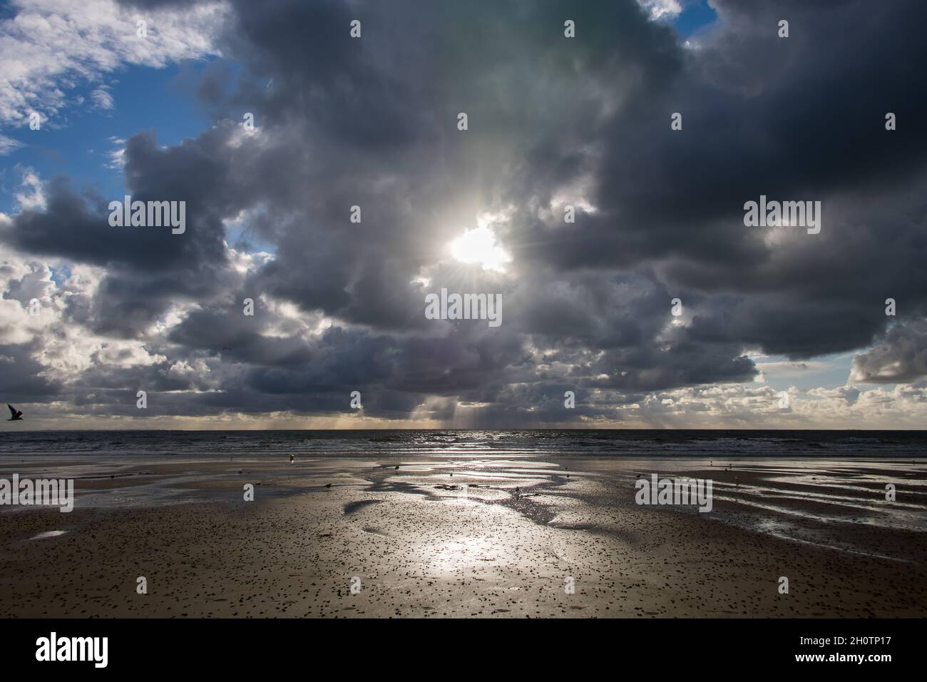 Dramatische dunkle Wolken über dem Strand bei Ebbe Stockfoto