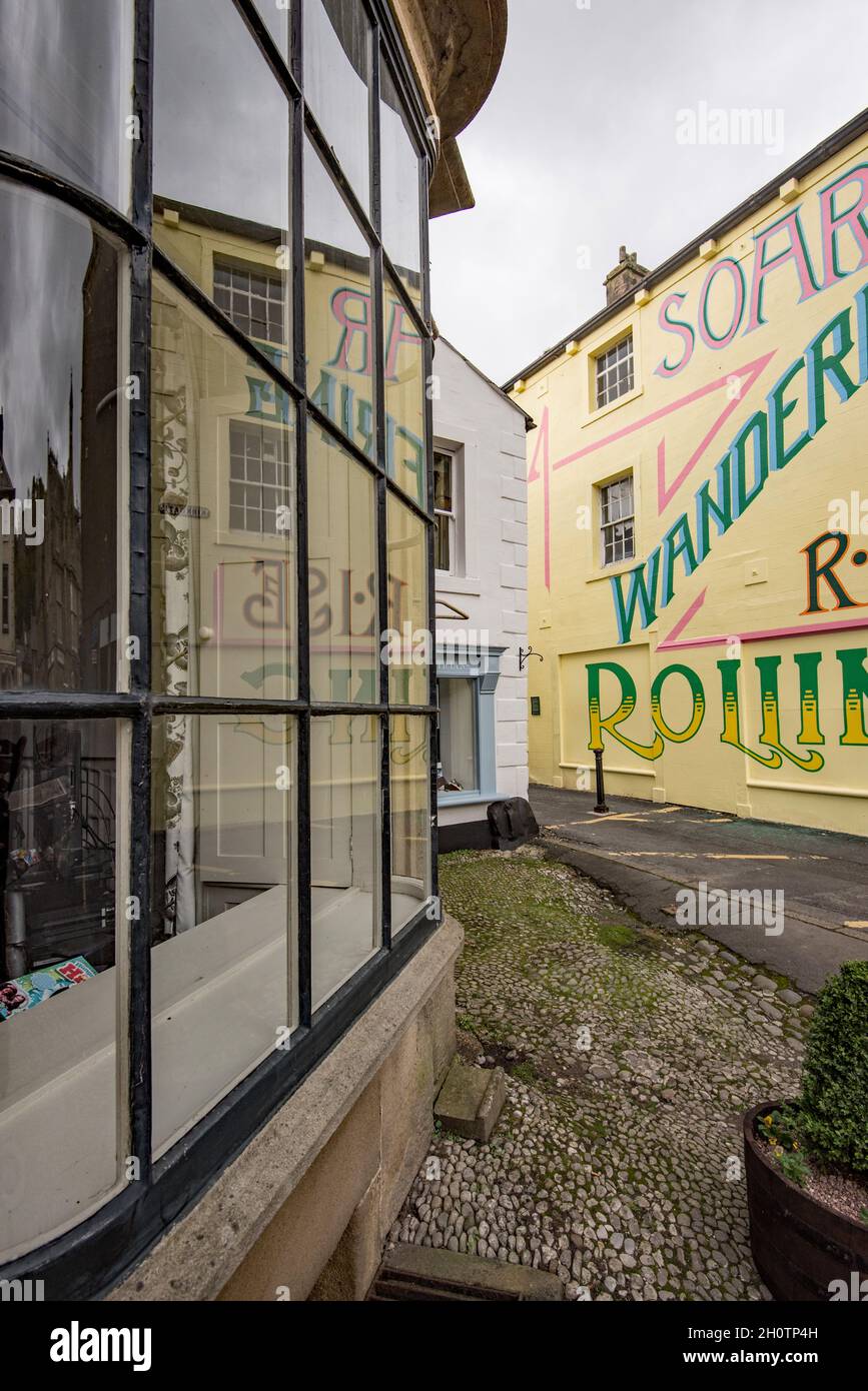 Heritage Lotterie finanziert Kunstwerk Wandbild in Kirkgate, Settle, North Yorkshire Stockfoto