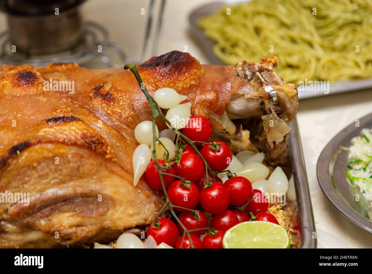 Detail von im Ofen gebratenem Fleisch, Reis und Nudelgerichten, auf einem Buffettisch für eine Geburtstagsfeier. Stockfoto