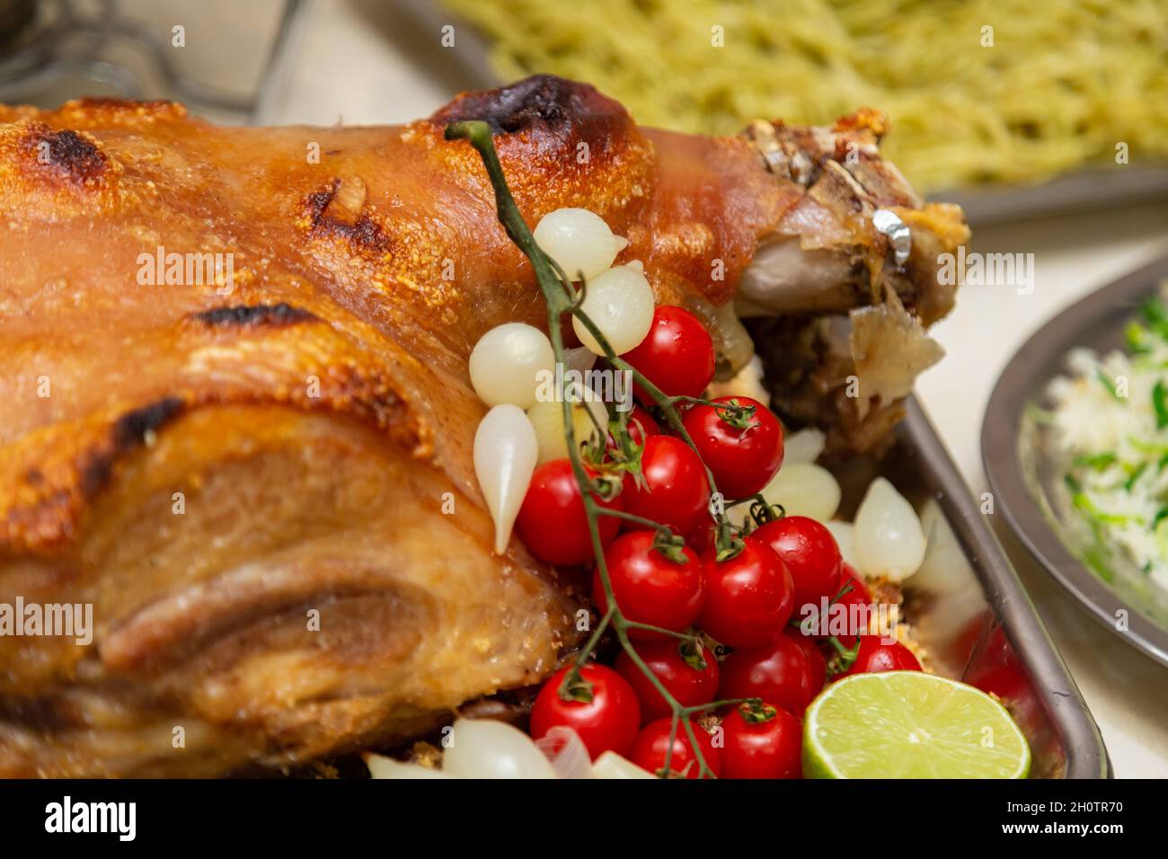 Detail von im Ofen gebratenem Fleisch, Reis und Nudelgerichten, auf einem Buffettisch für eine Geburtstagsfeier. Stockfoto