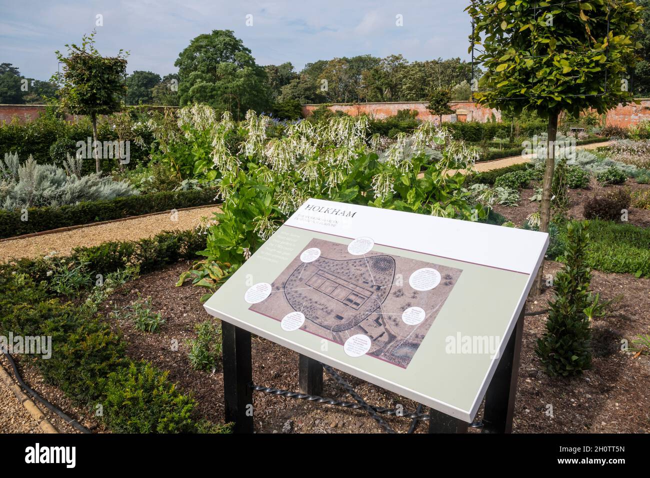 Eine Informationstafel am Eingang zum Walled Garden in der Holkham Hall in Norfolk. Stockfoto