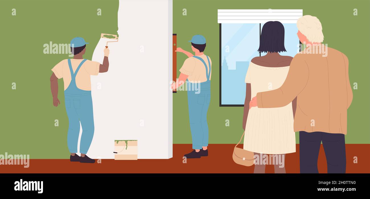Haus Renovierung arbeiten, Reparatur-Service für Familie Vektor Illustration. Cartoon junge Paar Menschen umarmen, beobachten, wie Maler Arbeiter Reparatur Wohnung Interieur, malen Wand mit Rollenhintergrund Stock Vektor