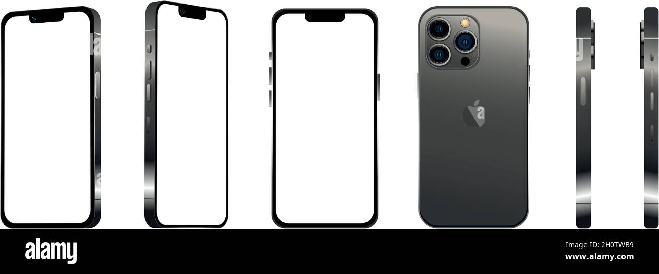 Schwarzes modernes Smartphone-Handy iPhone 13 pro in 6 verschiedenen Winkeln auf weißem Hintergrund - Vektor-Illustration Stock Vektor