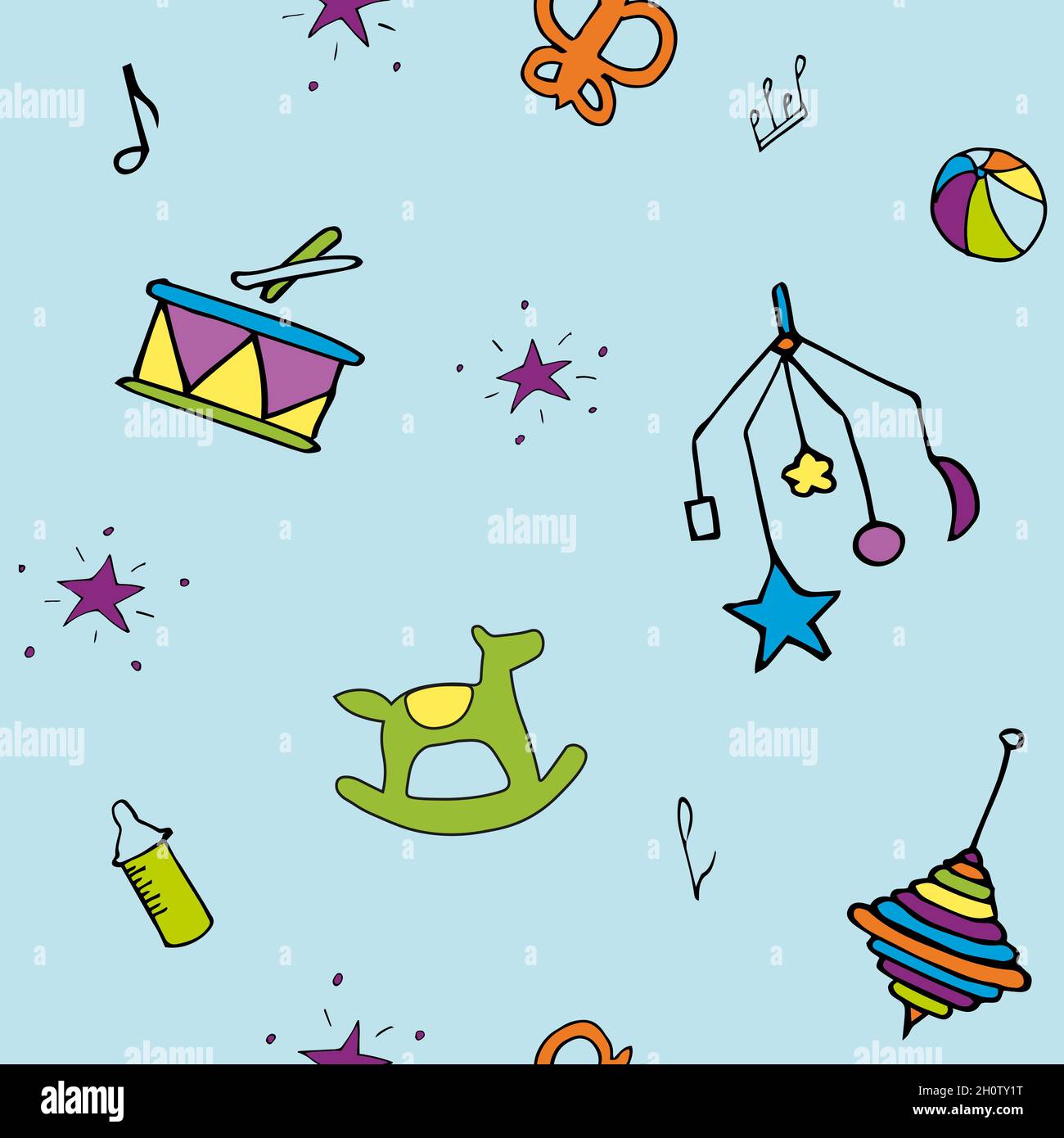 Blaues Hintergrundmuster mit Kinderspielzeug und Fütterungsflasche, Sternen und Noten, Bällen und Trommeln, Pferd. Stock Vektor