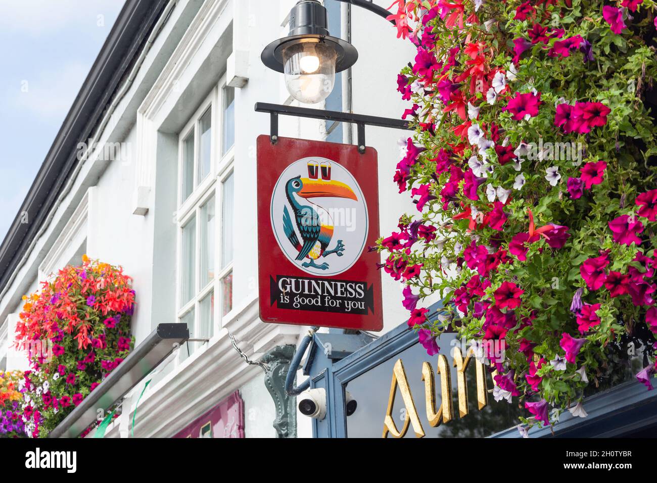 Guinness-Schild an der Tante Lena's Bar, Main Street, Adare (Ath Dara), County Limerick, Republik Irland Stockfoto