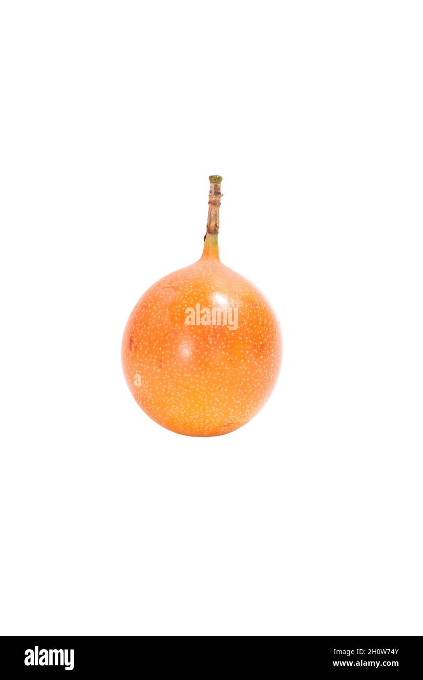 Passiflora ligularis. Granadilla auf völlig weißem Hintergrund. Chinesischer Granatapfel, Granatapfel aus Schleim. Stockfoto