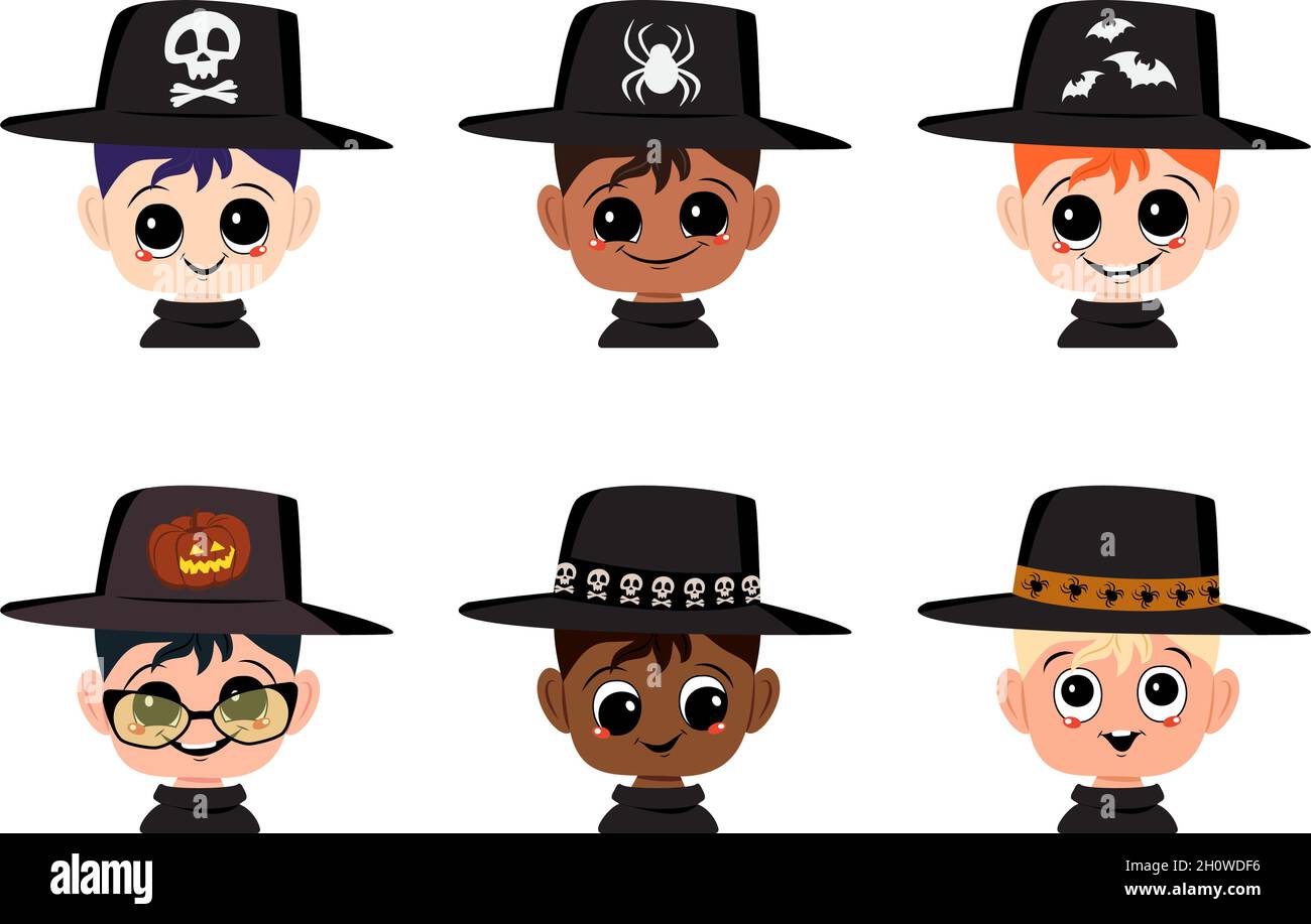Set von Avataren Jungen verschiedener Nationalitäten mit großen Augen und weit glückliches Lächeln in spitzen Hexenhut. Kopf des Kindes mit glücklichen Gesicht. Halloween Party Dekoration Stock Vektor