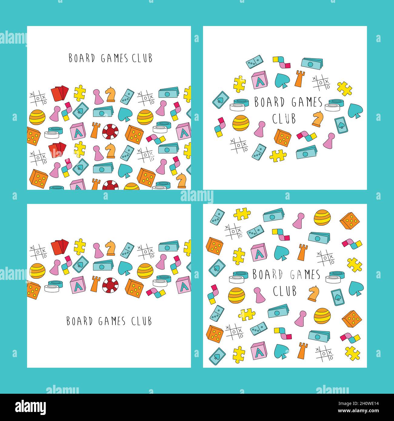 Brettspiele Club - Text Banner. Brettspiel-Community. Bunte Cartoon Stil Vektor Illustration. Stock Vektor