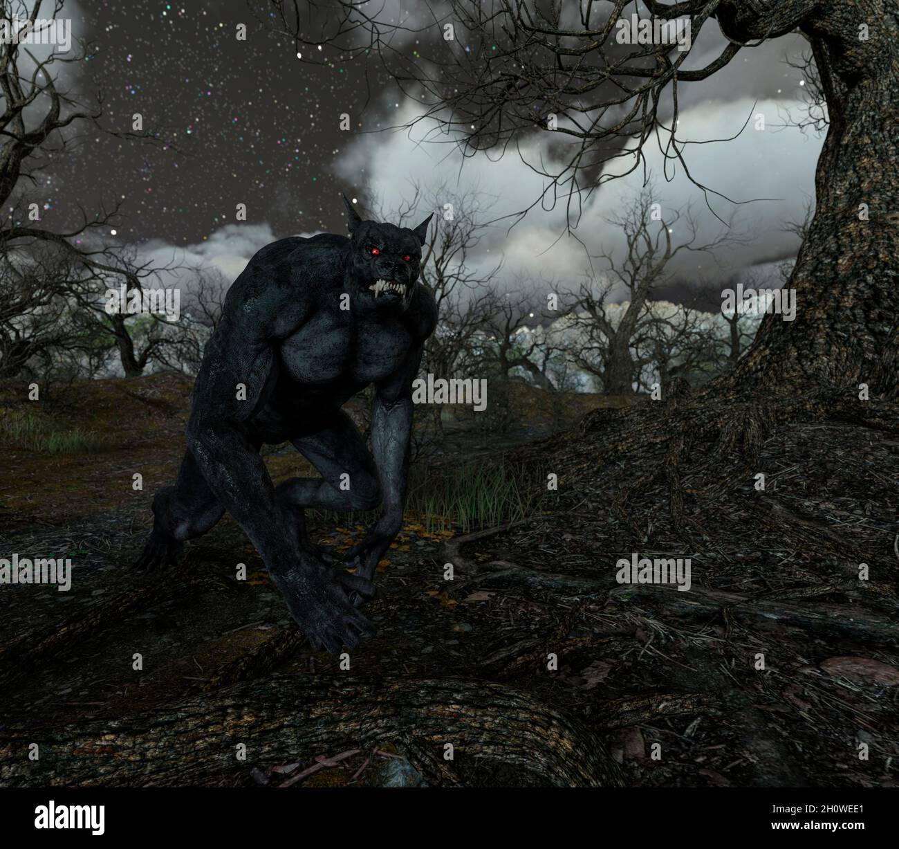 Illustration eines Werwolf in der Nacht im gruseligen Forest - 3d-Rendering Stockfoto