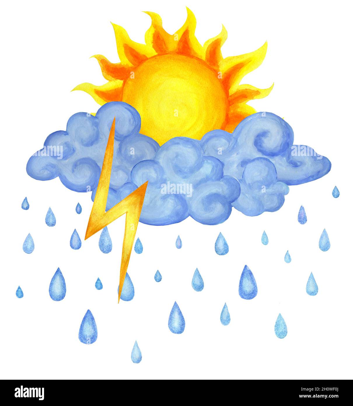 Das Wetter ist Sonne mit Regen und Blitz. Kinderwetter-Illustration. Isoliert auf weißem Hintergrund. Von Hand gezeichnet. Stockfoto