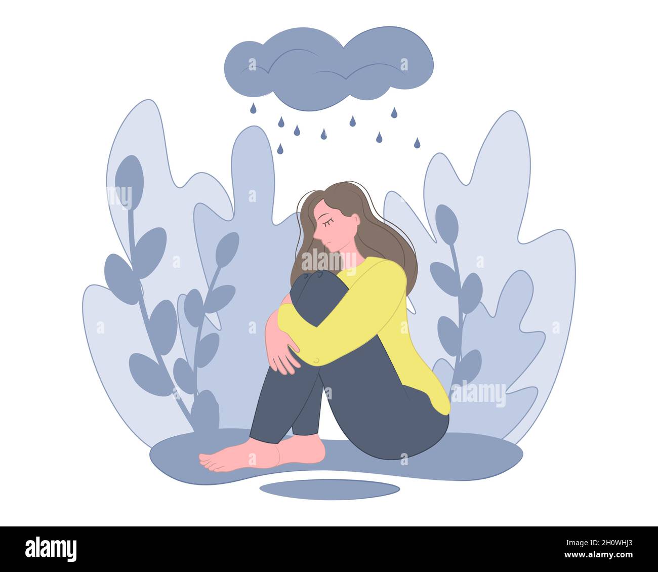 Trauriges Mädchen, das deprimiert auf dem Boden sitzt. Das Konzept der weiblichen Psychologie, Selbstmordprävention, PTBS. Vektorgrafik flach. Stock Vektor