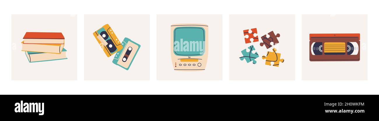 Niedliche trendige Illustrationen - Stapel von Büchern, Audio- und Videokassetten, ein Fernseher mit Videorekorder, Rätsel. Satz von vektorisolierten Elementen für Retro Stock Vektor