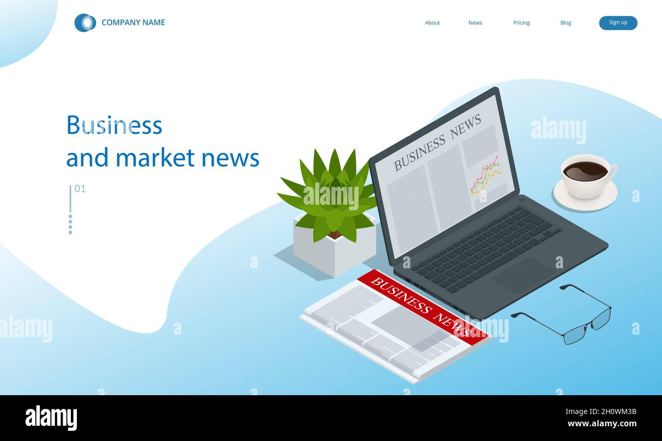 Isometrisches Business-News-Konzept. Business News-Website auf digitalem Tablet, tägliche Suche nach Job- und Geschäftsmöglichkeiten Stock Vektor