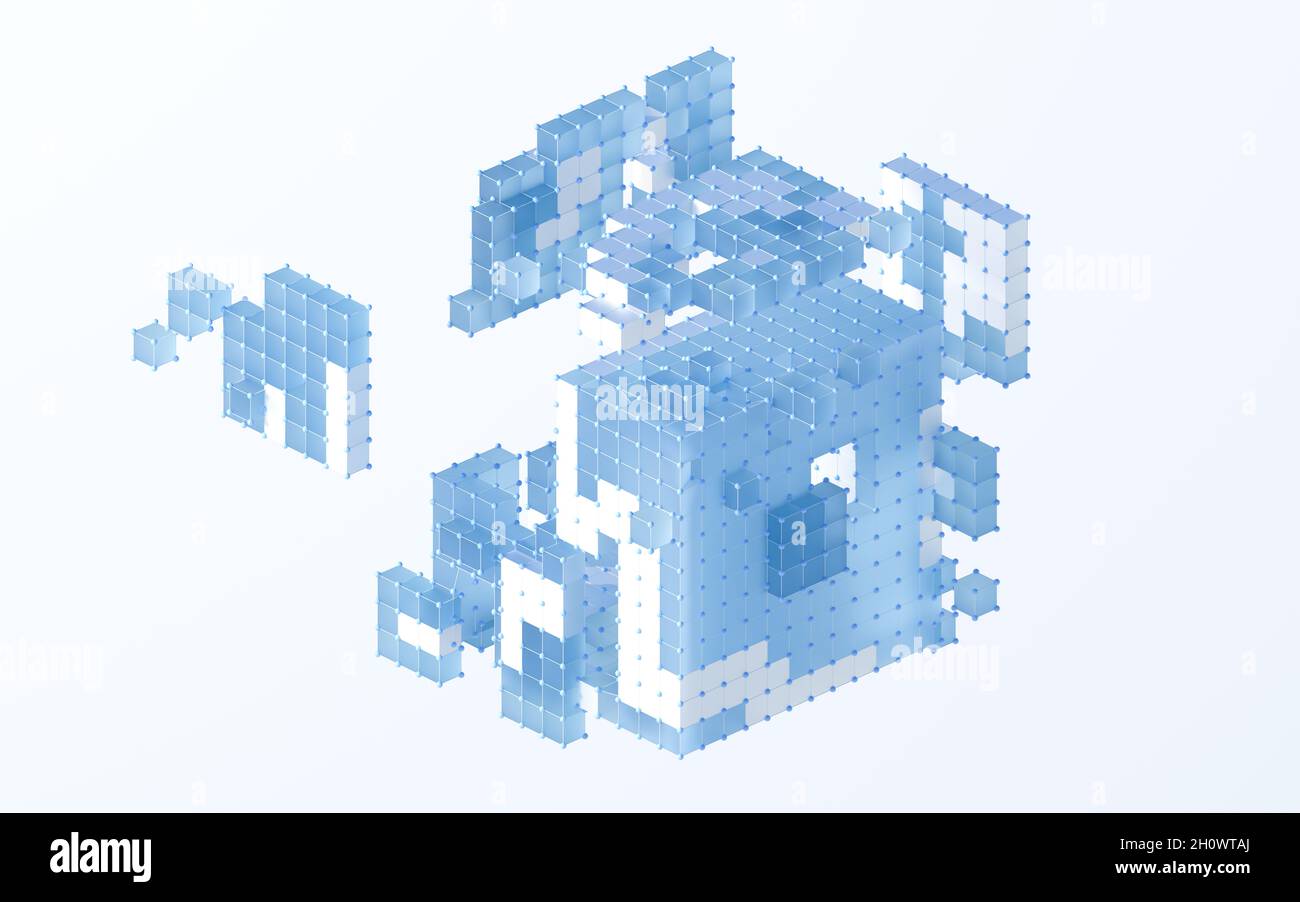 Transluzente Verläufe von Würfeln und Kugeln, 3d-Rendering. Digitale Zeichnung des Computers. Stockfoto