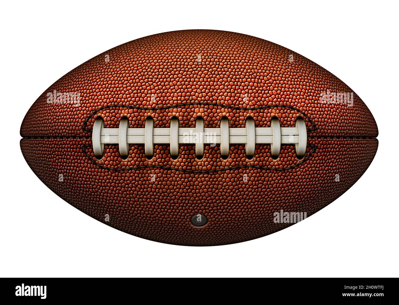 Ein American Football mit Schnürsenkeln vorne und allen Beschriftungen entfernt. Durch einen Beschneidungspfad vom Hintergrund isoliert. Stockfoto