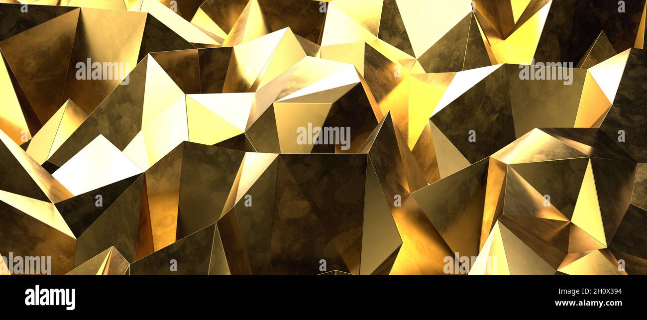 3D-Rendering von Gold Kristall abstrakten geometrischen polygonalen Formen Hintergrund Stockfoto