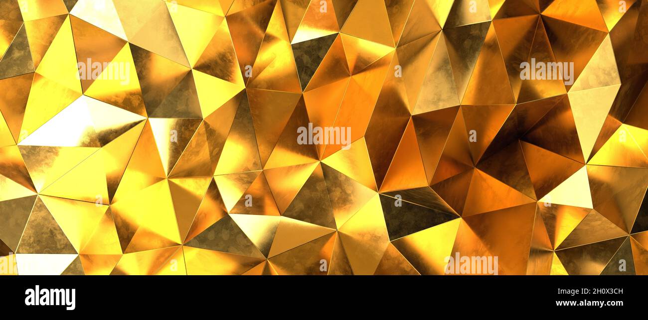 3D-Rendering von Gold Kristall abstrakten geometrischen polygonalen Formen Hintergrund Stockfoto