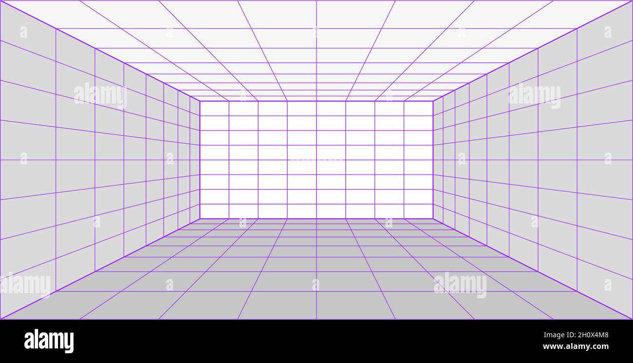 3d Grid Perspective Laser Room im Technologiestil. Virtual-Reality-Tunnel oder Wurmloch. Abstrakter Vaporwave-Hintergrund Stock Vektor